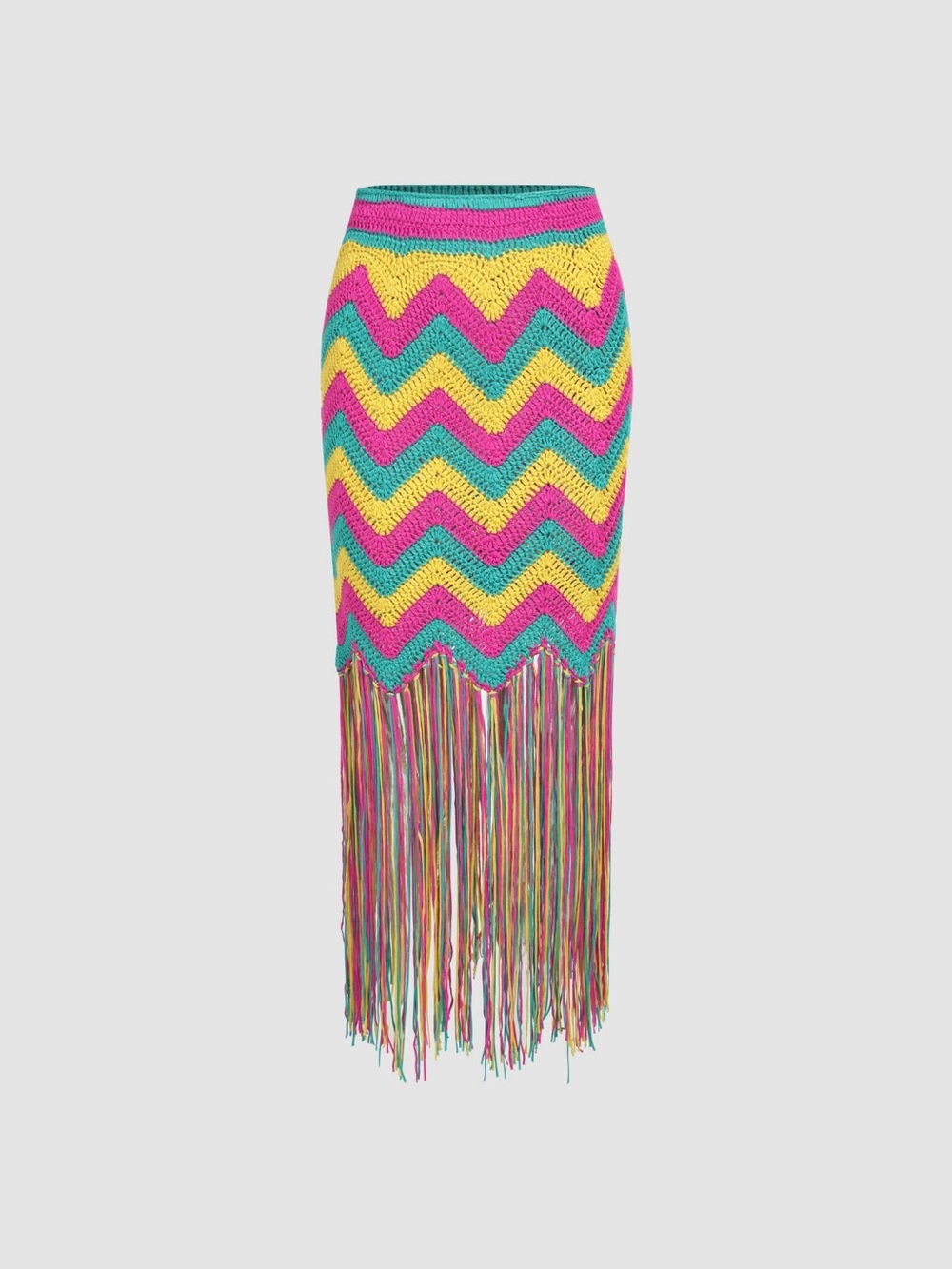 Cider Multicolor Chevron Crochet Maxi Skirt with Fringe